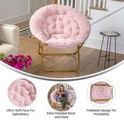 Gwen 38" Oversize Portable Faux Fur Folding Saucer Moon Chair for Dorm and Bedroom, Blush Faux Fur/Soft Gold Frame, FV-FMC-025-BL-SGD-GG