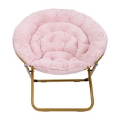 Gwen 38" Oversize Portable Faux Fur Folding Saucer Moon Chair for Dorm and Bedroom, Blush Faux Fur/Soft Gold Frame, FV-FMC-025-BL-SGD-GG