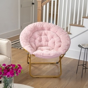 Gwen 38" Oversize Portable Faux Fur Folding Saucer Moon Chair for Dorm and Bedroom, Blush Faux Fur/Soft Gold Frame, FV-FMC-025-BL-SGD-GG