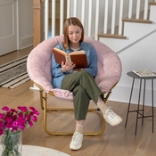 Gwen 38" Oversize Portable Faux Fur Folding Saucer Moon Chair for Dorm and Bedroom, Blush Faux Fur/Soft Gold Frame, FV-FMC-025-BL-SGD-GG