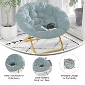 Gwen 38" Oversize Portable Faux Fur Folding Saucer Moon Chair for Dorm and Bedroom, Dusty Aqua Faux Fur/Soft Gold Frame, FV-FMC-025-DTAQ-SGD-GG