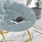 Gwen 38" Oversize Portable Faux Fur Folding Saucer Moon Chair for Dorm and Bedroom, Dusty Aqua Faux Fur/Soft Gold Frame, FV-FMC-025-DTAQ-SGD-GG