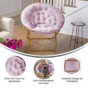 Gwen 38" Oversize Portable Faux Fur Folding Saucer Moon Chair for Dorm and Bedroom, Dusty Purple Faux Fur/Soft Gold Frame, FV-FMC-025-DTPRP-SGD-GG