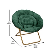 Gwen 38" Oversize Portable Faux Fur Folding Saucer Moon Chair for Dorm and Bedroom, Emerald Faux Fur/Soft Gold Frame, FV-FMC-025-EMRLD-SGD-GG
