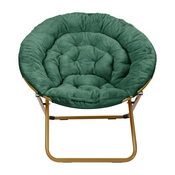Gwen 38" Oversize Portable Faux Fur Folding Saucer Moon Chair for Dorm and Bedroom, Emerald Faux Fur/Soft Gold Frame, FV-FMC-025-EMRLD-SGD-GG