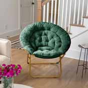 Gwen 38" Oversize Portable Faux Fur Folding Saucer Moon Chair for Dorm and Bedroom, Emerald Faux Fur/Soft Gold Frame, FV-FMC-025-EMRLD-SGD-GG