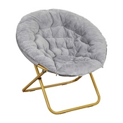 Gwen 38" Oversize Portable Faux Fur Folding Saucer Moon Chair for Dorm and Bedroom, Gray Faux Fur/Soft Gold Frame, FV-FMC-025-GY-SGD-GG