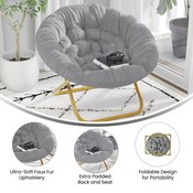 Gwen 38" Oversize Portable Faux Fur Folding Saucer Moon Chair for Dorm and Bedroom, Gray Faux Fur/Soft Gold Frame, FV-FMC-025-GY-SGD-GG