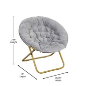 Gwen 38" Oversize Portable Faux Fur Folding Saucer Moon Chair for Dorm and Bedroom, Gray Faux Fur/Soft Gold Frame, FV-FMC-025-GY-SGD-GG