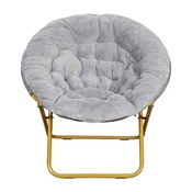 Gwen 38" Oversize Portable Faux Fur Folding Saucer Moon Chair for Dorm and Bedroom, Gray Faux Fur/Soft Gold Frame, FV-FMC-025-GY-SGD-GG