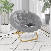 Gwen 38" Oversize Portable Faux Fur Folding Saucer Moon Chair for Dorm and Bedroom, Gray Faux Fur/Soft Gold Frame, FV-FMC-025-GY-SGD-GG