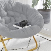 Gwen 38" Oversize Portable Faux Fur Folding Saucer Moon Chair for Dorm and Bedroom, Gray Faux Fur/Soft Gold Frame, FV-FMC-025-GY-SGD-GG