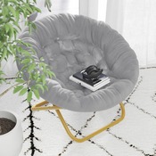 Gwen 38" Oversize Portable Faux Fur Folding Saucer Moon Chair for Dorm and Bedroom, Gray Faux Fur/Soft Gold Frame, FV-FMC-025-GY-SGD-GG