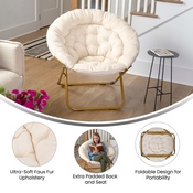 Gwen 38" Oversize Portable Faux Fur Folding Saucer Moon Chair for Dorm and Bedroom, Ivory Sherpa/Soft Gold Frame, FV-FMC-025-IV-SGD-GG