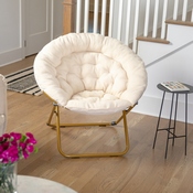 Gwen 38" Oversize Portable Faux Fur Folding Saucer Moon Chair for Dorm and Bedroom, Ivory Sherpa/Soft Gold Frame, FV-FMC-025-IV-SGD-GG