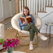 Gwen 38" Oversize Portable Faux Fur Folding Saucer Moon Chair for Dorm and Bedroom, Ivory Sherpa/Soft Gold Frame, FV-FMC-025-IV-SGD-GG