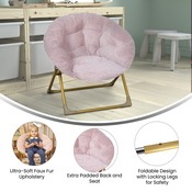 Gwen 23" Kids Cozy Mini Folding Saucer Chair, Faux Fur Moon Chair for Toddlers and Bedroom, Blush/Soft Gold, FV-FMC-030-BL-SGD-GG