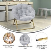 Gwen  23" Kids Cozy Mini Folding Saucer Chair, Faux Fur Moon Chair for Toddlers and Bedroom, Gray/Soft Gold, FV-FMC-030-GY-SGD-GG