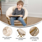 Gwen 23" Kids Cozy Mini Folding Saucer Chair, Sherpa Moon Chair for Toddlers and Bedroom, Ivory/Soft Gold, FV-FMC-030-IV-SGD-GG