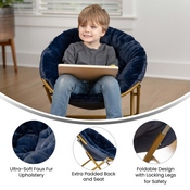 Gwen 23" Kids Cozy Mini Folding Saucer Chair, Faux Fur Moon Chair for Toddlers and Bedroom, Navy/Soft Gold, FV-FMC-030-NV-SGD-GG