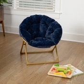 Gwen 23" Kids Cozy Mini Folding Saucer Chair, Faux Fur Moon Chair for Toddlers and Bedroom, Navy/Soft Gold, FV-FMC-030-NV-SGD-GG