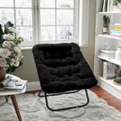 Archer 28" Oversized Portable Faux Fur Folding Saucer Chair for Dorm, Bedroom, Black Faux Fur/Black Frame, FV-FSC-027-BK-BK-GG