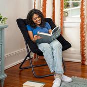Archer 28" Oversized Portable Faux Fur Folding Saucer Chair for Dorm, Bedroom, Black Faux Fur/Black Frame, FV-FSC-027-BK-BK-GG