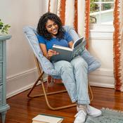 Archer 28" Oversized Portable Faux Fur Folding Saucer Chair for Dorm, Bedroom, Dusty Aqua Faux Fur/Soft Gold Frame, FV-FSC-027-DTAQ-SGD-GG