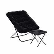 Archer 28" Oversized Portable Faux Fur Folding Saucer Chair with Folding Ottoman for Dorm, Bedroom, Black Faux Fur/Black Frame, FV-FSC-027-FR-BK-BK-GG