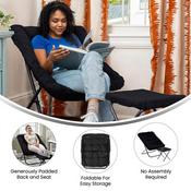 Archer 28" Oversized Portable Faux Fur Folding Saucer Chair with Folding Ottoman for Dorm, Bedroom, Black Faux Fur/Black Frame, FV-FSC-027-FR-BK-BK-GG