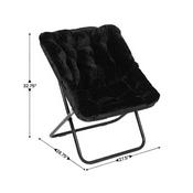 Archer 28" Oversized Portable Faux Fur Folding Saucer Chair with Folding Ottoman for Dorm, Bedroom, Black Faux Fur/Black Frame, FV-FSC-027-FR-BK-BK-GG