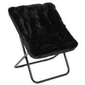 Archer 28" Oversized Portable Faux Fur Folding Saucer Chair with Folding Ottoman for Dorm, Bedroom, Black Faux Fur/Black Frame, FV-FSC-027-FR-BK-BK-GG