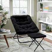Archer 28" Oversized Portable Faux Fur Folding Saucer Chair with Folding Ottoman for Dorm, Bedroom, Black Faux Fur/Black Frame, FV-FSC-027-FR-BK-BK-GG