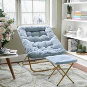 Archer 28" Oversized Portable Faux Fur Folding Saucer Chair with Folding Ottoman for Dorm, Bedroom, Dusty Aqua Faux Fur/Soft Gold Frame, FV-FSC-027-FR-DTAQ-SGD-GG