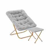 Archer 28" Oversized Portable Faux Fur Folding Saucer Chair with folding Ottoman for Dorm, Bedroom, Gray Faux Fur/Soft Gold Frame, FV-FSC-027-FR-GY-SGD-GG