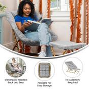 Archer 28" Oversized Portable Faux Fur Folding Saucer Chair with folding Ottoman for Dorm, Bedroom, Gray Faux Fur/Soft Gold Frame, FV-FSC-027-FR-GY-SGD-GG