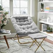 Archer 28" Oversized Portable Faux Fur Folding Saucer Chair with folding Ottoman for Dorm, Bedroom, Gray Faux Fur/Soft Gold Frame, FV-FSC-027-FR-GY-SGD-GG