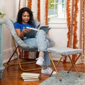 Archer 28" Oversized Portable Faux Fur Folding Saucer Chair with folding Ottoman for Dorm, Bedroom, Gray Faux Fur/Soft Gold Frame, FV-FSC-027-FR-GY-SGD-GG