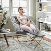 Archer 28" Oversized Portable Faux Fur Folding Saucer Chair with folding Ottoman for Dorm, Bedroom, Gray Faux Fur/Soft Gold Frame, FV-FSC-027-FR-GY-SGD-GG