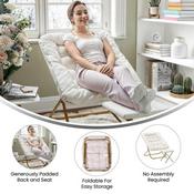 Archer 28" Oversized Portable Faux Shearling Folding Saucer Chair with Folding Ottoman for Dorm, Bedroom, Ivory Faux Shearling/Soft Gold Frame, FV-FSC-027-FR-IV-SGD-GG