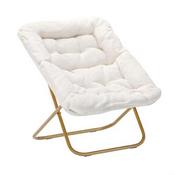 Archer 28" Oversized Portable Faux Shearling Folding Saucer Chair with Folding Ottoman for Dorm, Bedroom, Ivory Faux Shearling/Soft Gold Frame, FV-FSC-027-FR-IV-SGD-GG