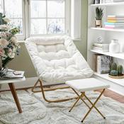 Archer 28" Oversized Portable Faux Shearling Folding Saucer Chair with Folding Ottoman for Dorm, Bedroom, Ivory Faux Shearling/Soft Gold Frame, FV-FSC-027-FR-IV-SGD-GG