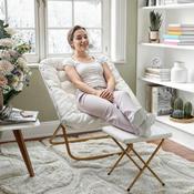 Archer 28" Oversized Portable Faux Shearling Folding Saucer Chair with Folding Ottoman for Dorm, Bedroom, Ivory Faux Shearling/Soft Gold Frame, FV-FSC-027-FR-IV-SGD-GG