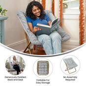 Archer 28" Oversized Portable Faux Fur Folding Saucer Chair for Dorm, Bedroom, Gray Faux Fur/Soft Gold Frame, FV-FSC-027-GY-SGD-GG