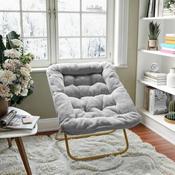 Archer 28" Oversized Portable Faux Fur Folding Saucer Chair for Dorm, Bedroom, Gray Faux Fur/Soft Gold Frame, FV-FSC-027-GY-SGD-GG