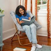 Archer 28" Oversized Portable Faux Fur Folding Saucer Chair for Dorm, Bedroom, Gray Faux Fur/Soft Gold Frame, FV-FSC-027-GY-SGD-GG