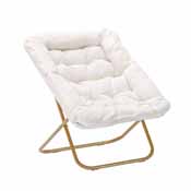 Archer 28" Oversized Portable Faux Shearling Folding Saucer Chair for Dorm, Bedroom, Ivory Faux Shearling/Soft Gold Frame, FV-FSC-027-IV-SGD-GG