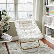 Archer 28" Oversized Portable Faux Shearling Folding Saucer Chair for Dorm, Bedroom, Ivory Faux Shearling/Soft Gold Frame, FV-FSC-027-IV-SGD-GG