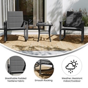 Brazos 3 Piece Outdoor Rocking Chair Bistro Set with Flex Comfort Material and Steel Framed Glass Top Table, Black/Black, FV-FSC-2315-BLK-GG