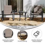 Brazos 3 Piece Outdoor Rocking Chair Bistro Set with Flex Comfort Material and Steel Framed Glass Top Table, Brown/Black, FV-FSC-2315-BRN-GG